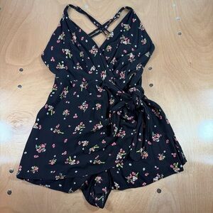 Free People Black Romper with Pink Floral Print